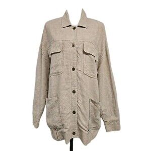 The Normal Brand Oversized Camp Shacket Jacket Linen Blend Tan Beige Women's L